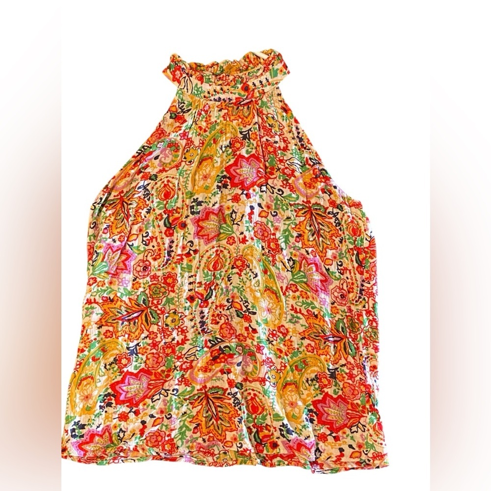 Cynthia Rowley colorful sleeveless blouse floral print a ruffled neck Fall